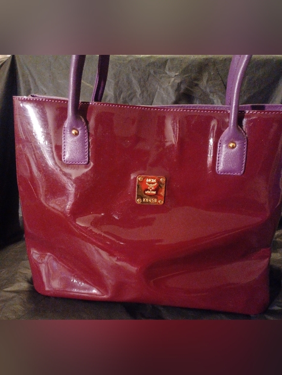 MCM Handbags - MCM Vintage Limited Edition Patent Leather Monogram Tote Bag in Deep Plum